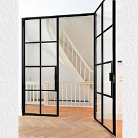 Puerta Batiente de Acero con Arco, Acero al Carbono de Alta Gama, Ventanas con Diseño Gráfico, Puertas Francesas con Marco Delgado de Vidrio, Resistentes al Agua, Ideales para Hoteles