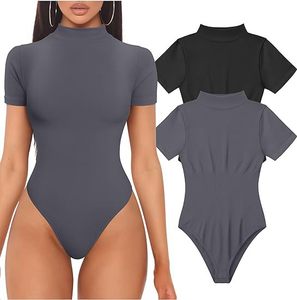 I-0406 Women Bodysuit Sexy Ribbed <b>Turtleneck</b> Short <b>Sleeve</b> <b>Top</b> Yoga Bodysuit - Product Image 4