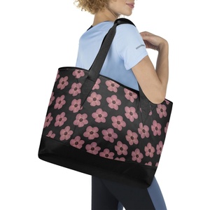 Sac isotherme réutilisable et étanche à motif floral hawaïen noir et rose, grand format, pour courses et déjeuner - Product Image 6