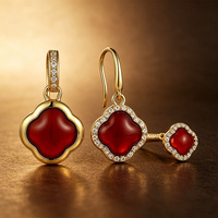 Pendentif YILUN en agate rouge et zirconiums + boucles d'oreilles à hameçon, bijoux porte-bonheur hypoallergéniques pour femmes en argent sterling 925, trèfle à quatre feuilles