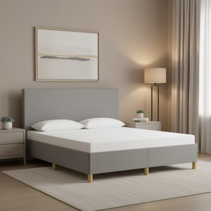 Struttura letto in legno California King grigio chiaro con rivestimento in poliestere, design letto morbido - Product Image 2