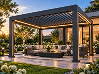 Gazebo extérieur en aluminium noir avec toit à lames motorisées, éclairage LED et moustiquaires coupe-vent pour terrasse