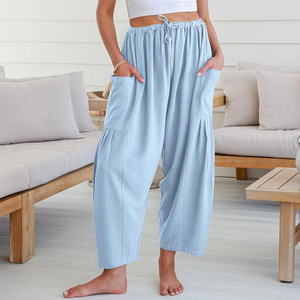 All'ingrosso estate Casual stile traspirante a <span class=keywords><strong>vita</strong></span> alta <span class=keywords><strong>elastico</strong></span> <span class=keywords><strong>in</strong></span> <span class=keywords><strong>lino</strong></span> da <span class=keywords><strong>donna</strong></span> <span class=keywords><strong>pantaloni</strong></span> Harem <span class=keywords><strong>con</strong></span> tasche laterali - Product Image 1
