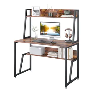 Mesa de computador, 4 em mesa de escrita com abertura e estante para livro, grande espaço pc laptop computador estação de trabalho para casa escritório marrom