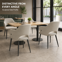 Tables et chaises de restaurant, fauteuil beige avec base croisée pour aménagement de cafés et plans de sièges pour hôtels