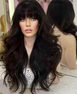 Perruques en cheveux humains super longues ondulées sans colle avec <span class=keywords><strong>frange</strong></span> 5x5 HD Lace pour femmes noires, couleur brun chocolat foncé, perruques Lace dégradées - Product Image 3