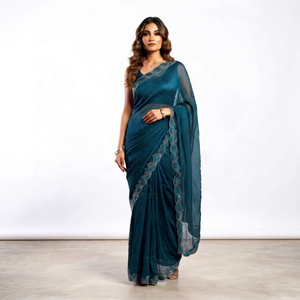Elegante Saree de Seda Color Verde Azulado con Borde Bordado y Estampado Digital para Mujer, Ideal para Bodas y Graduaciones, Largo hasta el Suelo, Corte Regular, Estilo Indio - Product Image 1