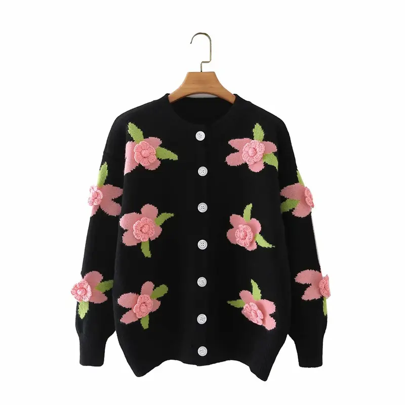 Loose Embroidered Sweater Jacquard Knitted Black Crew Neck Bangladesh Jubah Crotchet Cardigan