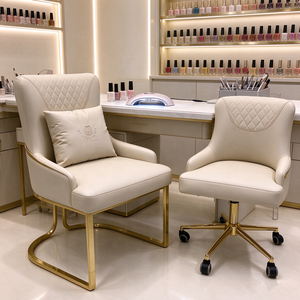 Ensemble de chaises de salon de manucure ergonomiques en PU beige de luxe de haute qualité, chaise client moderne + chaise de technicien pivotante réglable en hauteur - Product Image 1