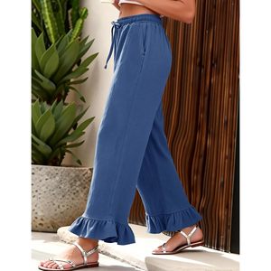 FOXA Womens Cotton Linen Palazzo Pants Wide Leg Ruffled Drawstring High Waist With Pockets Casual <b>Harem</b> Lounge <b>Trouser</b> - Product Image 5