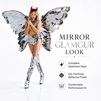 Traje de fiesta para mujer adulta con efecto espejo, diseño de cuerno rojo y alas de mariposa plateadas, body halter con escote pronunciado y botas altas hasta el muslo, para escenario