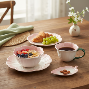 طقم أدوات مائدة سيراميك يدوي الصنع بتصميم زهور متدرجة اللون الوردي مع أطباق وأوعية وأكواب للاستخدام في المطاعم والفنادق - Product Image 3