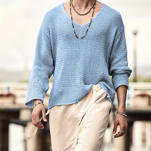 Pull à col en V pour homme, couleur unie, manches longues, tricoté, printemps automne, coupe ajustée, kaki gris bleu foncé MLXLXXLXXXL - Product Image 4