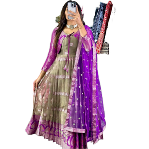 ชุดสำเร็จรูปแฟชั่นใหม่ Fatema สำหรับผู้หญิง ชุด Anarkali ผ้าไหม Kota พิมพ์ลายปักลาย Salwar Kameez - Product Image 1