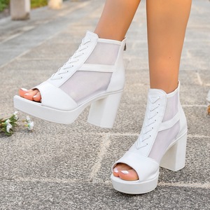 Botines de mujer con punta abierta, de malla, con tacón alto de bloque y plataforma, cremallera trasera, estilo sandalia con recortes, para verano - Product Image 3