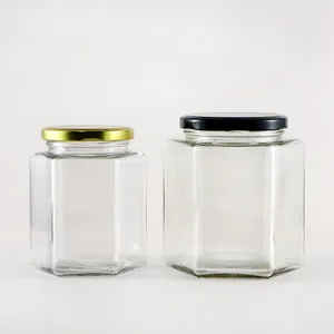 Custom Hexagon Jam Glass Jar with Metal Lid 45 60 85 100 180 280 380 500 730ml for Pickles Preserves Freshness Preservation
