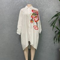 Robe chemise décontractée pour femme, grande taille, à manches courtes, en mousseline de soie et dentelle, ornée de cristaux, boutonnée, coupe ample, mini, unie, printemps-été