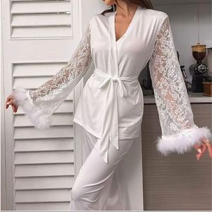 Conjunto de 2 Piezas de Vestido Casual de Encaje para Mujer Maxfree, Conjunto de Pijama de Plumas para Mujer, Ropa de Dormir para Primavera, Verano y Otoño - Product Image 4