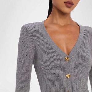 <span class=keywords><strong>Cardigan</strong></span> maglione Casual <span class=keywords><strong>Slim</strong></span> tinta unita con scollo a V con bottone di strass con svasato a maniche svasate Design stringente in vita per la primavera - Product Image 2
