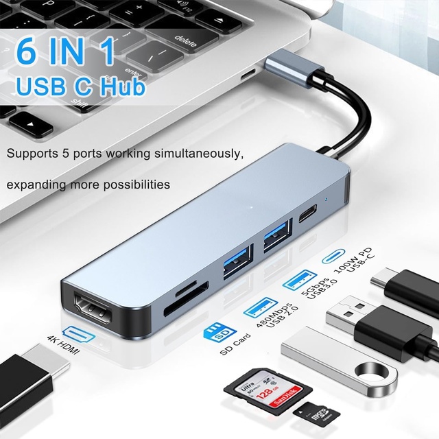 6 in 1 USB C Hub Docking Station Multi-Port Adapter 4K  Dongle Compatible for Laptops and Type C Devices SD/TF PD USB 3.0