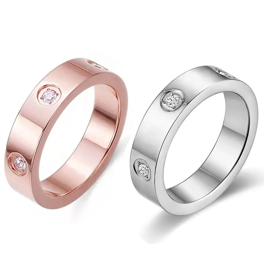 Wholesale Women Rose Gold Plated Jewelry Stainless Steel Cubic Zircon Designer Custom Band Ring for Ladies