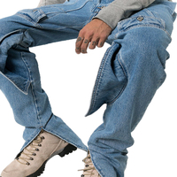 Pantalon en jean déstructuré pour homme, style cargo, avec poches utilitaires, braguette boutonnée apparente, fermeture éclair fendue, coupe évasée, en denim bleu clair, OEM ODM