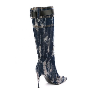 Large Size 47 Denim Women Knee High Boots Thin Heel Embroidered Belt Buckle <b>Long</b> Booties Fashion Women's Shoes - Product Image 2