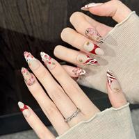 Kuku Akrilik Buatan Tangan Bentuk Almond Motif Garis Harimau Bunga Merah Lukisan Tangan Manik-manik Emas Dapat Disesuaikan untuk Penggunaan Salon Kuku SPA