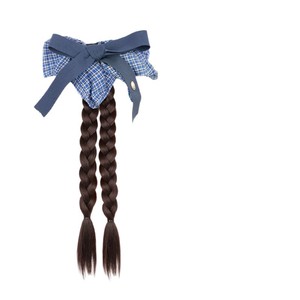 Blue Plaid Double <b>Braided</b> Ponytail With Bow Hair Clip Realistic Wig <b>Accessory</b> For Women - Product Image 2