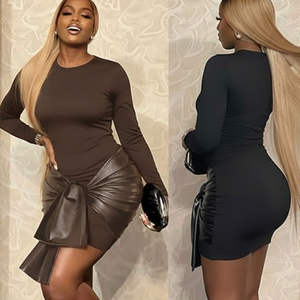 Vestido Mini Ajustado de Manga Larga con Cuello Redondo, Cintura Natural, de Spandex/Poliéster, con Lazo en la Cintura, Ecológico, Transpirable, para Uso Diario, Color Sólido - Product Image 1