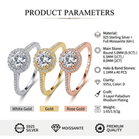 Bague en Moissanite en Argent Sterling 925, Ronde 5mm 6.5mm 8mm, Couleur D VVS1, Halo Pavé, 3 Couleurs, Bijoux pour Femme