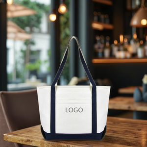Elegante bolso de compras de lona con logotipo Cierre de cremallera superior Bolsillo externo para artículos esenciales diarios Bolsa de almacenamiento de algodón para comestibles - Product Image 1