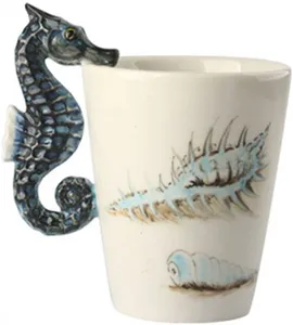 3D Coffee Mug, Handmade Hand Painted Creative Art Mug Ceramic Milk Cups Travel Mug Ocean Style with Seahourse Handle
