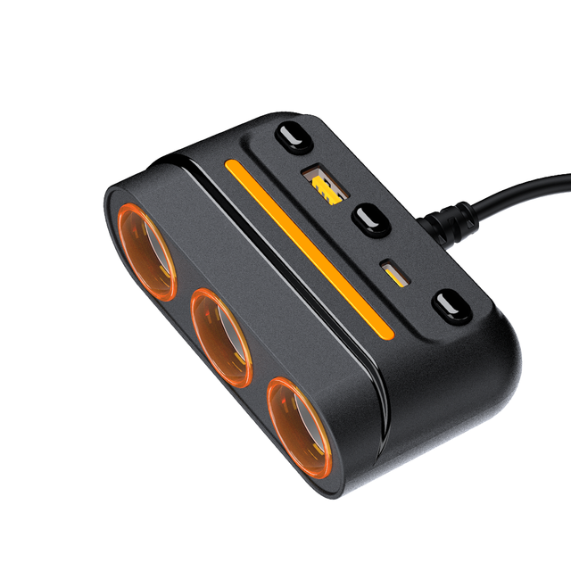 12-24V Car Charger with 3-Way 1-Car Cigarette Adapter Independent Switch Colorful Lights USB TYPE C Port