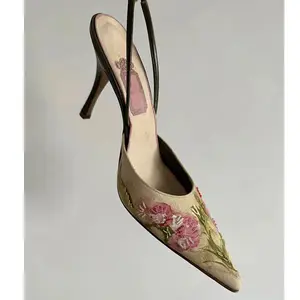 Embroidery pointy stiletto heels 2024 new summer Chinese shallow hollowed-out single shoe women's