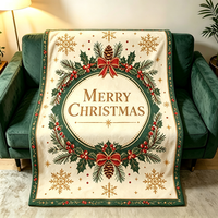 Plaid de Noël personnalisé en flanelle imprimée, couverture douce et moelleuse rouge et verte pour canapé avec logo