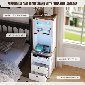 Tall Farmhouse Antique White Nightstand <b>with</b> <b>Motion</b> <b>Sensor</b> <b>LED</b> <b>Light</b> Wireless Charging Station and Lockable Hidden Gun Drawer - Product Image 2