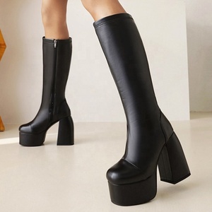 Bottes élégantes à talon bloc pour femmes, chaussures d'hiver chaudes en fourrure, plateforme, bout rond, grande taille 48 - Product Image 5