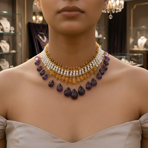 Collier bohème vintage en pierres précieuses, perles violettes et jaunes avec grenat, agate, turquoise, perle et jade, cadeau, style chaîne bohème - Product Image 4