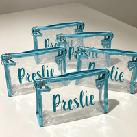 Bolsa de Cosméticos de PVC Transparente con Nombre Impreso Personalizado, Bolsa de Maquillaje con Cierre y Ribete de Tela Verde Azulado, Regalo Personalizado para Damas de Honor, Organizador de Belleza