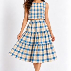 Ensemble jupe et haut décontracté en coton à carreaux pour femme, haut court sans manches et jupe mi-longue à volants étagés, tenue deux pièces été/printemps - Product Image 1