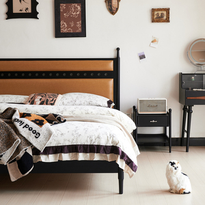 Cama de madera maciza de estilo vintage de 1.8 m, cama doble de estilo americano con cabecero suave para dormitorio principal - Product Image 3