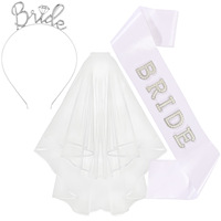 Kit moderne de bandeau, voile et ceinture de mariée orné de perles avec diadème - Cadeau pour fête prénuptiale et enterrement de vie de jeune fille (Ceinture blanche argentée)