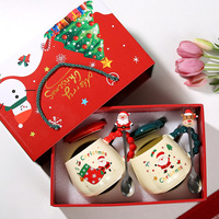 Ensemble de tasses en céramique pour couple de Noël, design Père Noël et rennes, tasses isothermes avec couvercle, cuillère, boîte cadeau