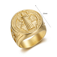 Bague pour homme en acier inoxydable plaqué or, avec médaille Saint Benoît exorcisme et coupe princesse, style hip-hop, très tendance