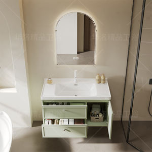 Meuble de salle de bain intelligent moderne de luxe vert avec miroir en nid d'abeille, éclairage LED, lavabo en céramique blanche, panneau en mélamine, finition laquée - Product Image 4