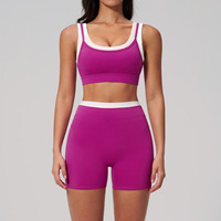 Kleurcontrast Nude Seamless Rib Yoga BH & High Waist Shorts Set, Workout Gym Fitness Activewear Outfit voor Dames