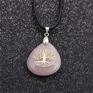 Collar con Colgante de Piedra Natural Curativa, Piedra de Meditación, Cuarzo Rosa, Árbol de la Vida, Gota de Agua - Product Image 3