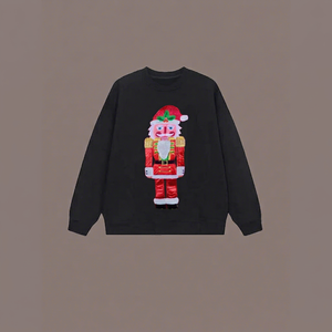 Elegante Suéter de Punto Negro para Mujer con Apliques de Cascanueces Navideños, Cuello Redondo, Manga Larga, para Invierno - Product Image 1