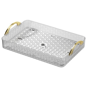 Plateau de service rectangulaire en plastique transparent avec poignées dorées, multifonctionnel pour le rangement des tasses, idéal pour le café, le thé et les réceptions - Product Image 1